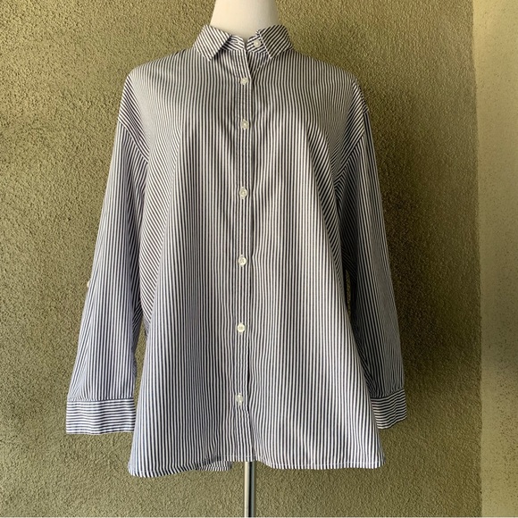 “Gloria Vanderbilt” Navy & White Railroad Stripe Cotton Button-down Shirt size L - Picture 2 of 13